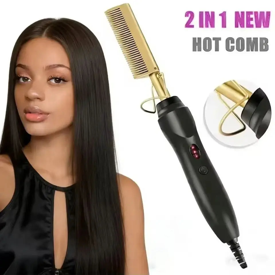 A black electric hair comb and straightener tool is shown next to a woman with long dark hair.