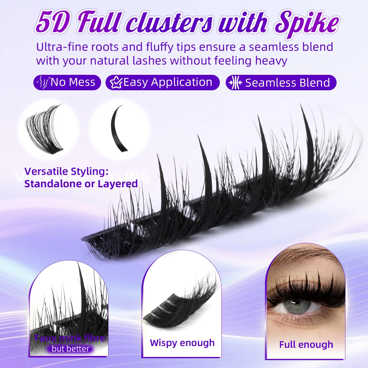 Set von 5D Vollcluster mit Spike-Falschewimpern, gezeigt mit Styling- und Anwendungsvorteilen.