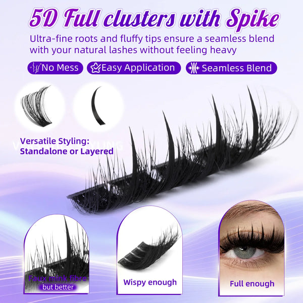 A set of 5D full clusters with Spike false eyelashes shown alongside styling versatility and application benefits.