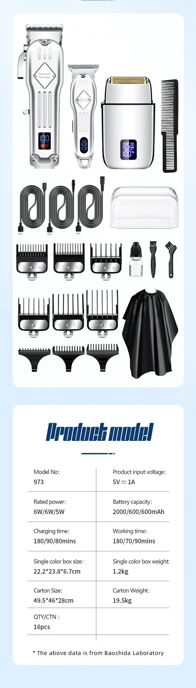 A collection of professional electric hair clipper and shaver tools including various combs, attachments, and a hair drying b