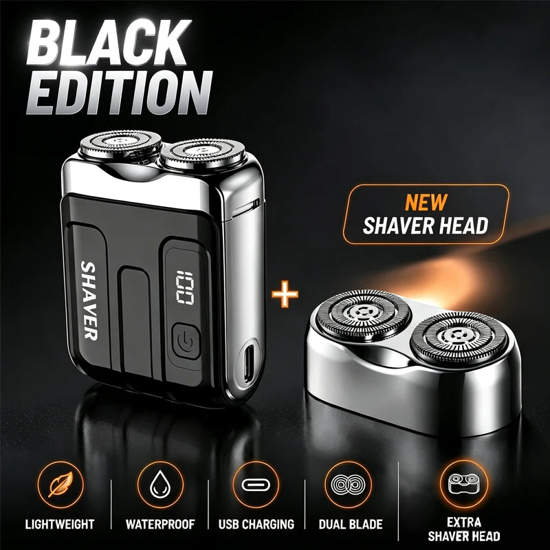 Black edition portable electric beard shaver with a new shaver head and features like waterproof design and USB charging
