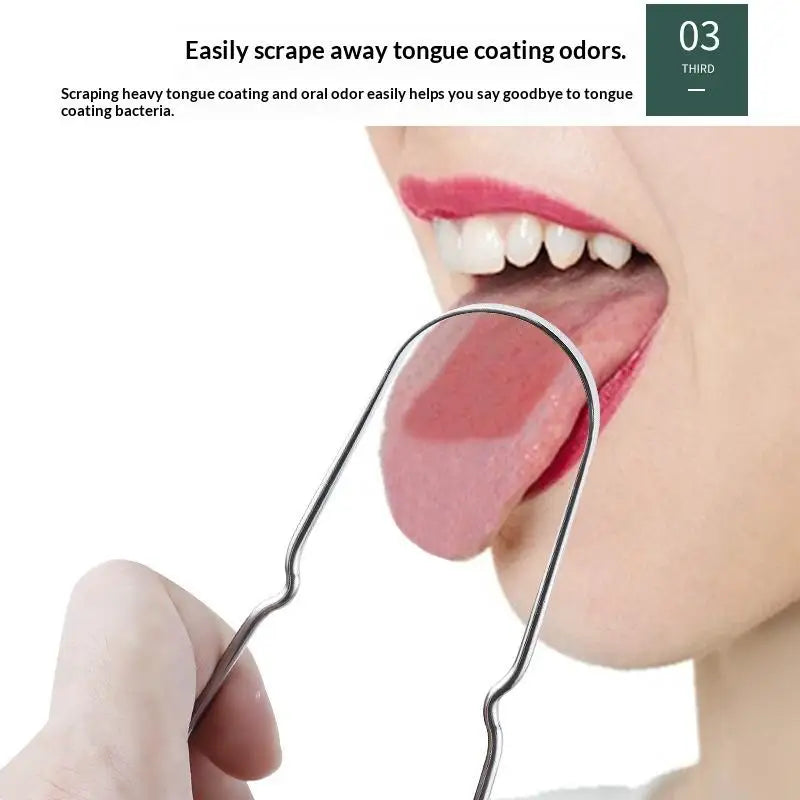 A person uses a stainless steel tongue scraper to remove coating odors from their tongue.