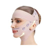 A woman is wearing a pink lymphatic sculpting bandage and massage brush set on her face and neck.