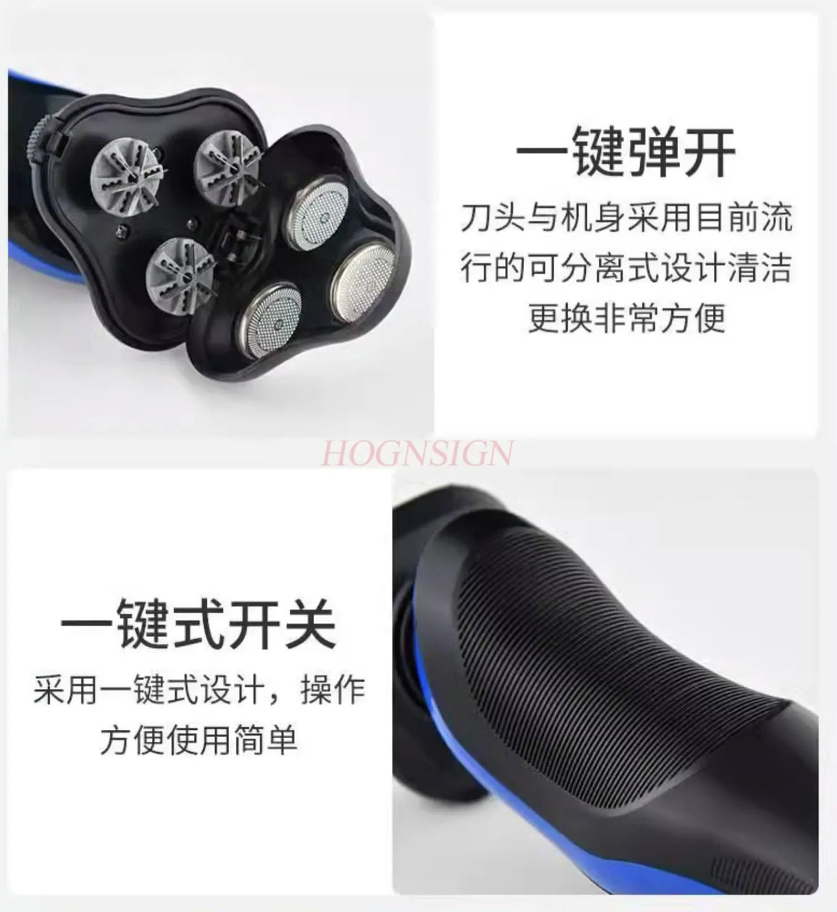 A black electric shaver with multiple cutting heads and a blue accent, shown in different opening modes.