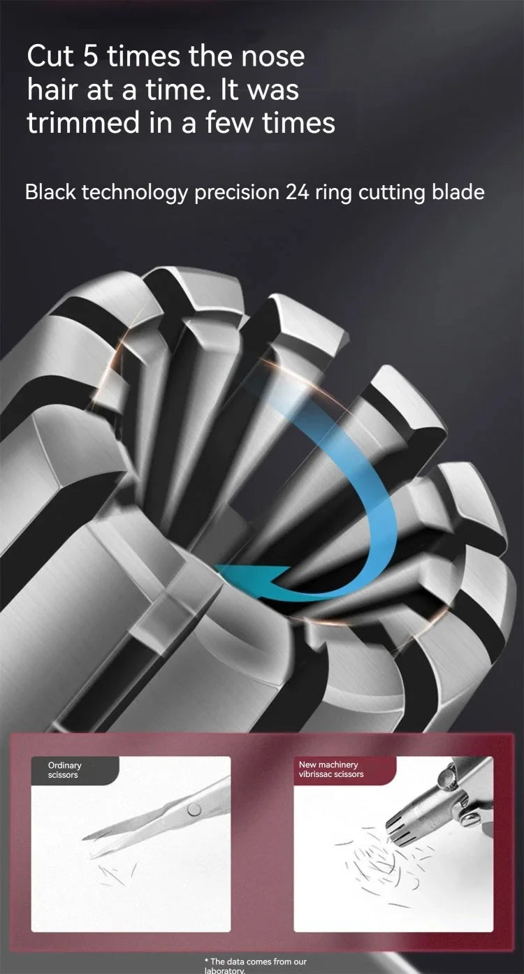 Close-up view of a black precision ring cutting blade used for trimming nose hair.