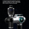 A silver muscle massage gun with a black handle and a round head is shown against a dark, starry background.