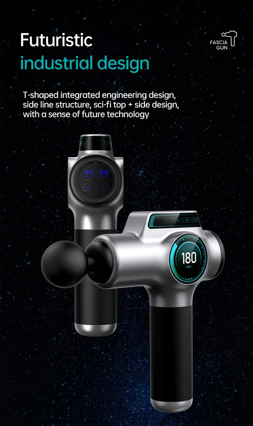 A silver muscle massage gun with a black handle and a round head is shown against a dark, starry background.