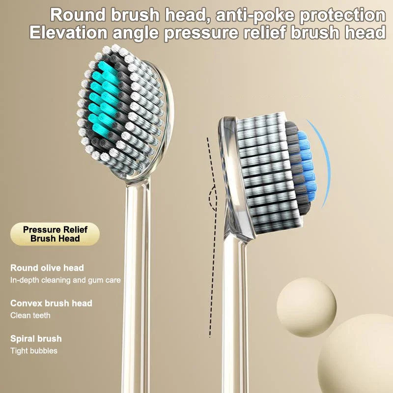 Tête de brosse à dents avec design convexe et olive ronde pour la protection anti-piqûre.