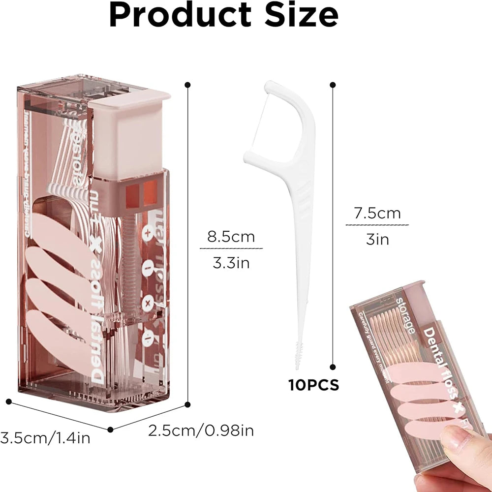 Klares rosa automatisches Zahnseide-Aufbewahrungs- und Dosiergerät mit weißer Zahnseiden-Dispenser daneben mit Größenangaben.