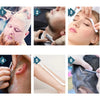 Six étapes montrant l'utilisation d'un rasoir de sûreté antique pliable pour l'épilation du visage et du cuir chevelu.