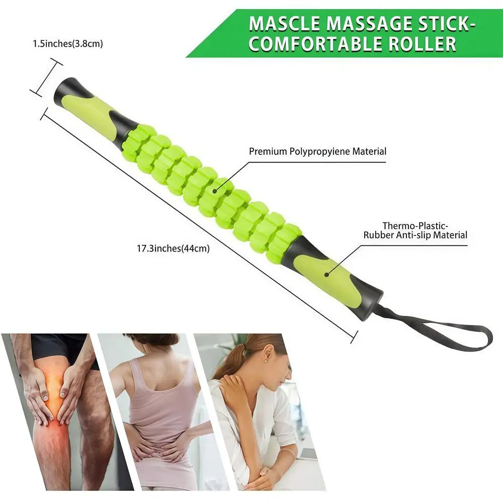 A yellow and black muscle massage stick roller is shown alongside people using it for deep tissue massage.