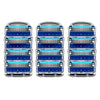 Four replacement razor heads with blue and silver blades displayed side by side.