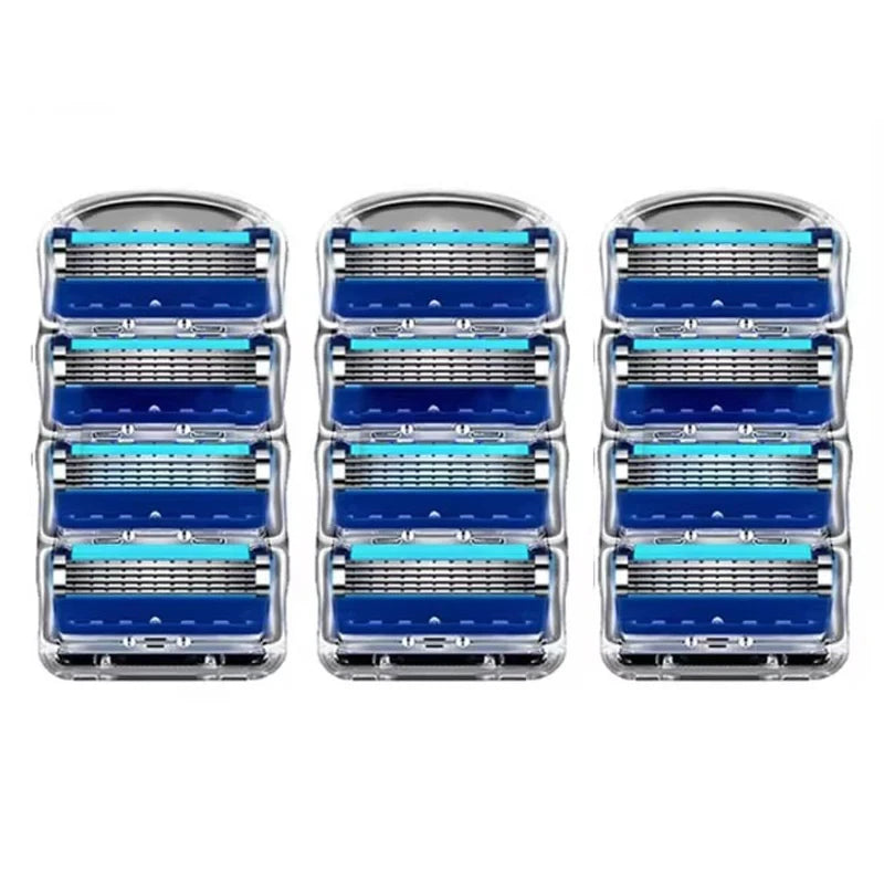 Four replacement razor heads with blue and silver blades displayed side by side.