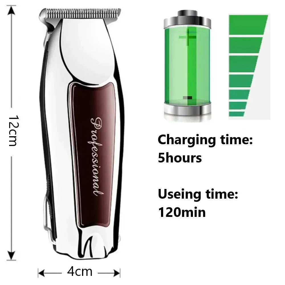 A white electric hair trimmer with a dark brown body and green charging indicator, shown next to its dimensions.
