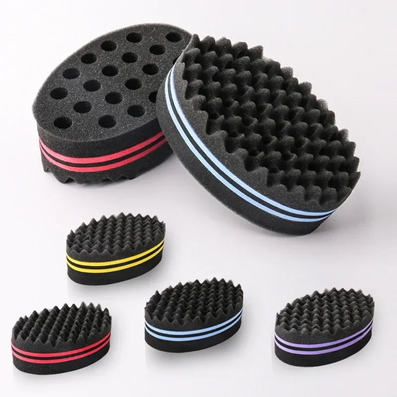 A set of dual-sided hair braiding brushes in black with pink and blue accents.