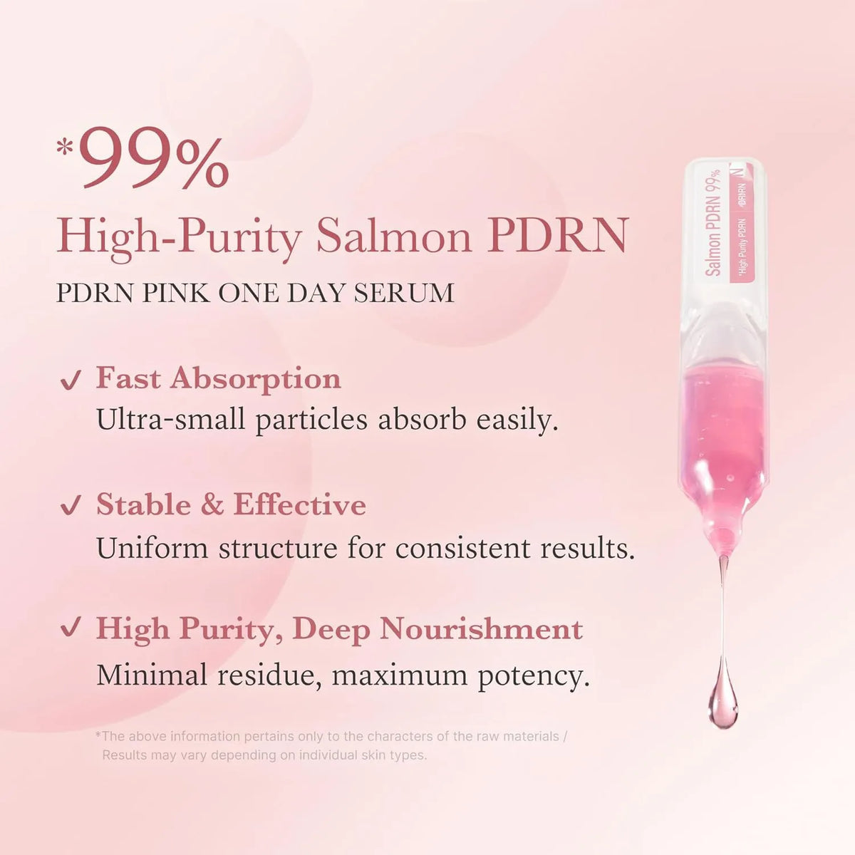 A dropper bottle of High-Purity Salmon PDRN Pink One Day Serum with a pink liquid inside.