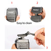 Three steps showing how to easily clean and use a Kemei rechargeable twin blade electric shaver for men