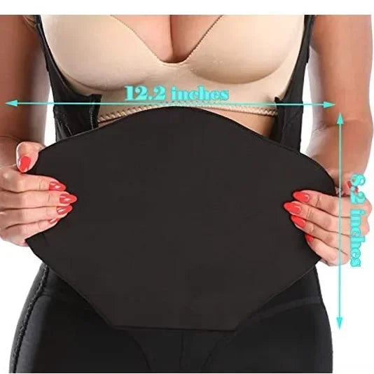 Black lumbar molder compression support board being held against a woman's torso.