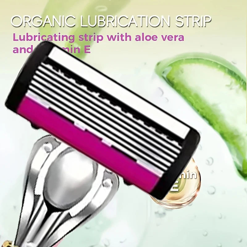 A close-up of an organic lubrication strip being used on a stainless steel razor set.