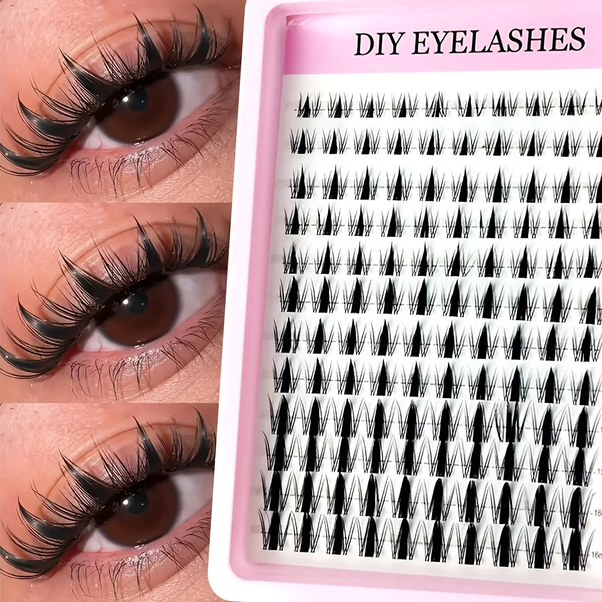 A pink tray of 320 piece Korean style eyelash clusters for DIY makeup application.
