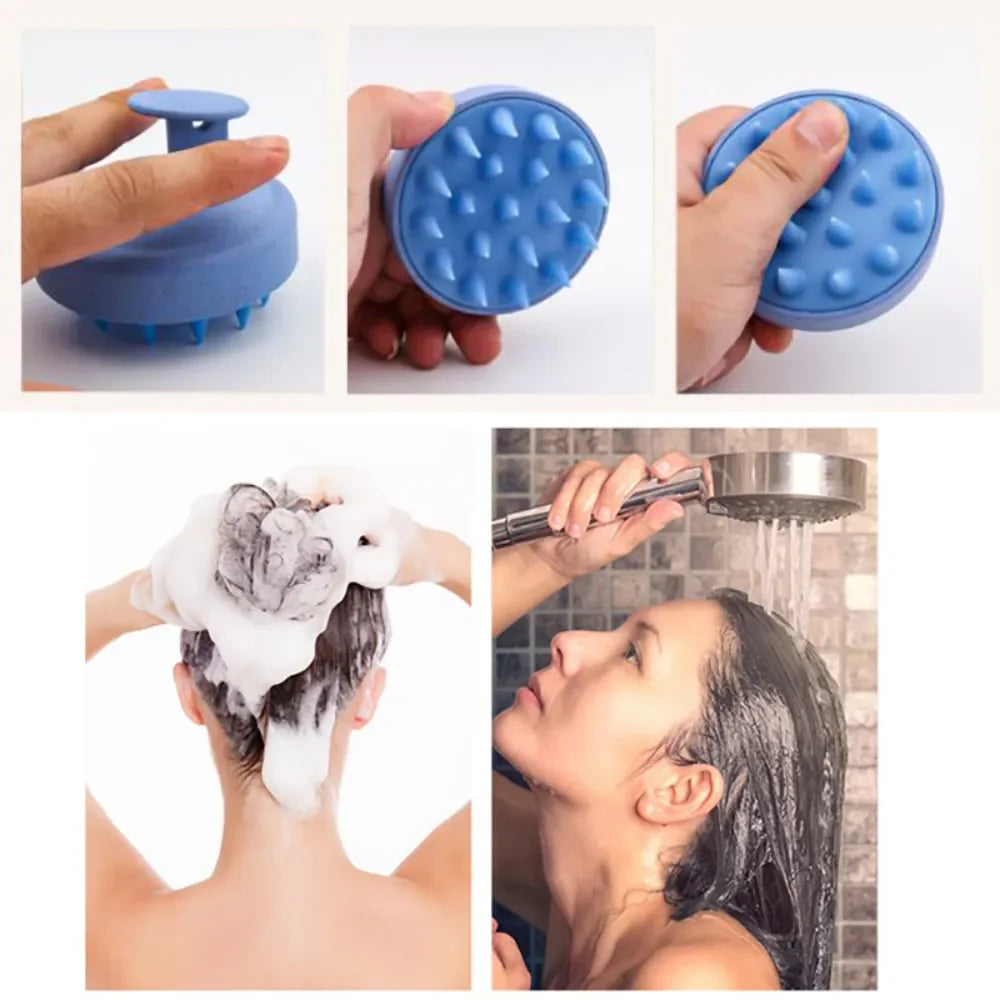 A silicone scalp massage and body brush is shown being used on a person's hair and scalp.