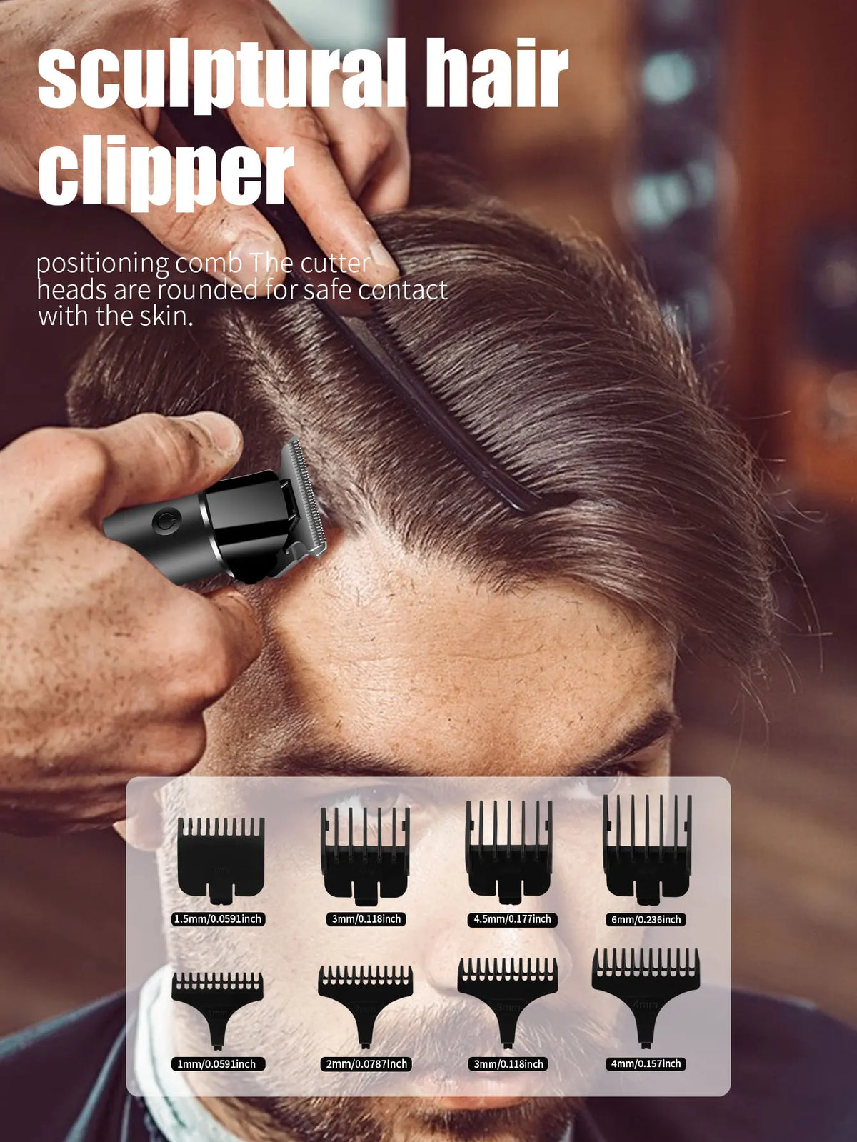 A hand positions a sculptural hair clipper cutter against a person's scalp for safe contact.