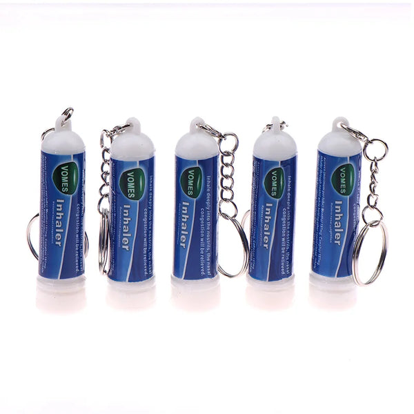 Five blue nasal relief sticks with metal clasps for focus and energy boost