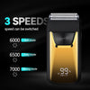 A portable electric shaver in gold and black with options for 6000, 6500, and 7000 speeds.