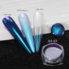 A set of holographic chrome nail glitter powders shown with clear and black bases and a finished nail design.