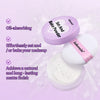 A purple and white set of oil-absorbing baking powder and a puff for setting makeup.