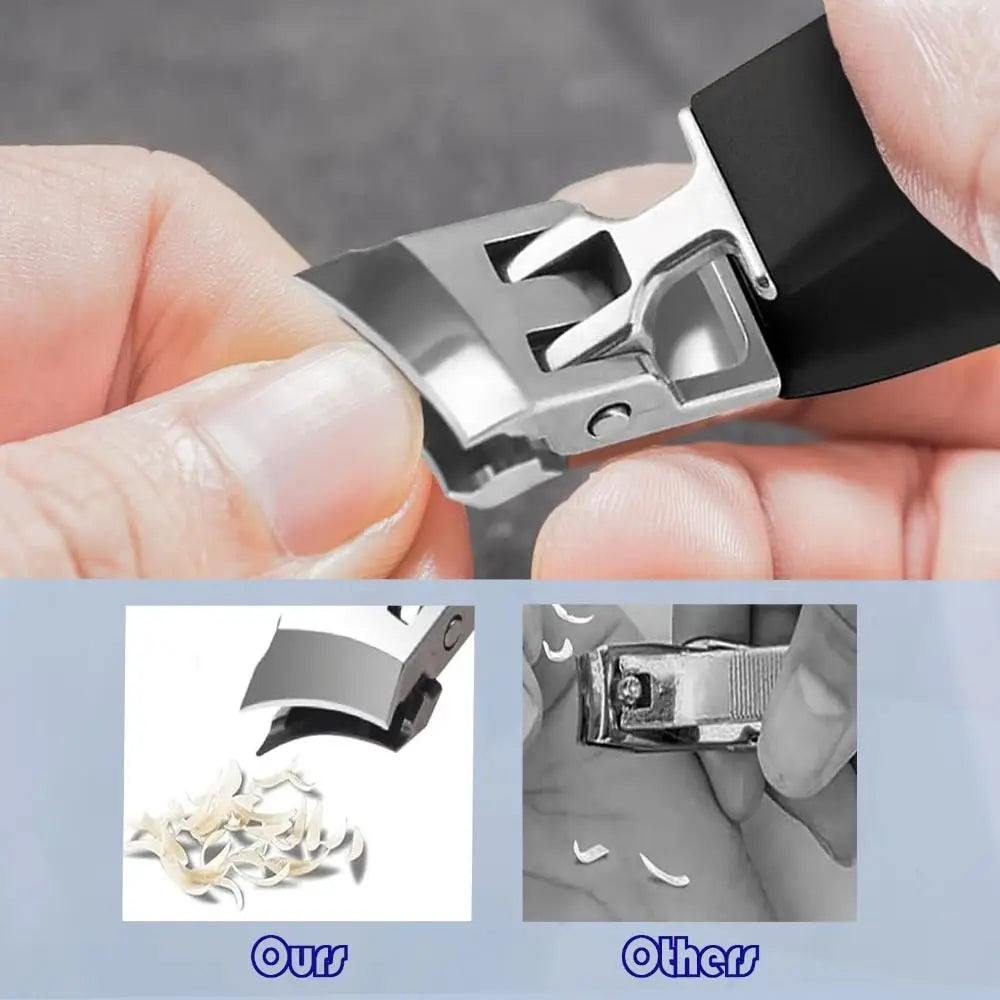 A hand holds a stainless steel slant edge nail clipper, showing the tool and its components.