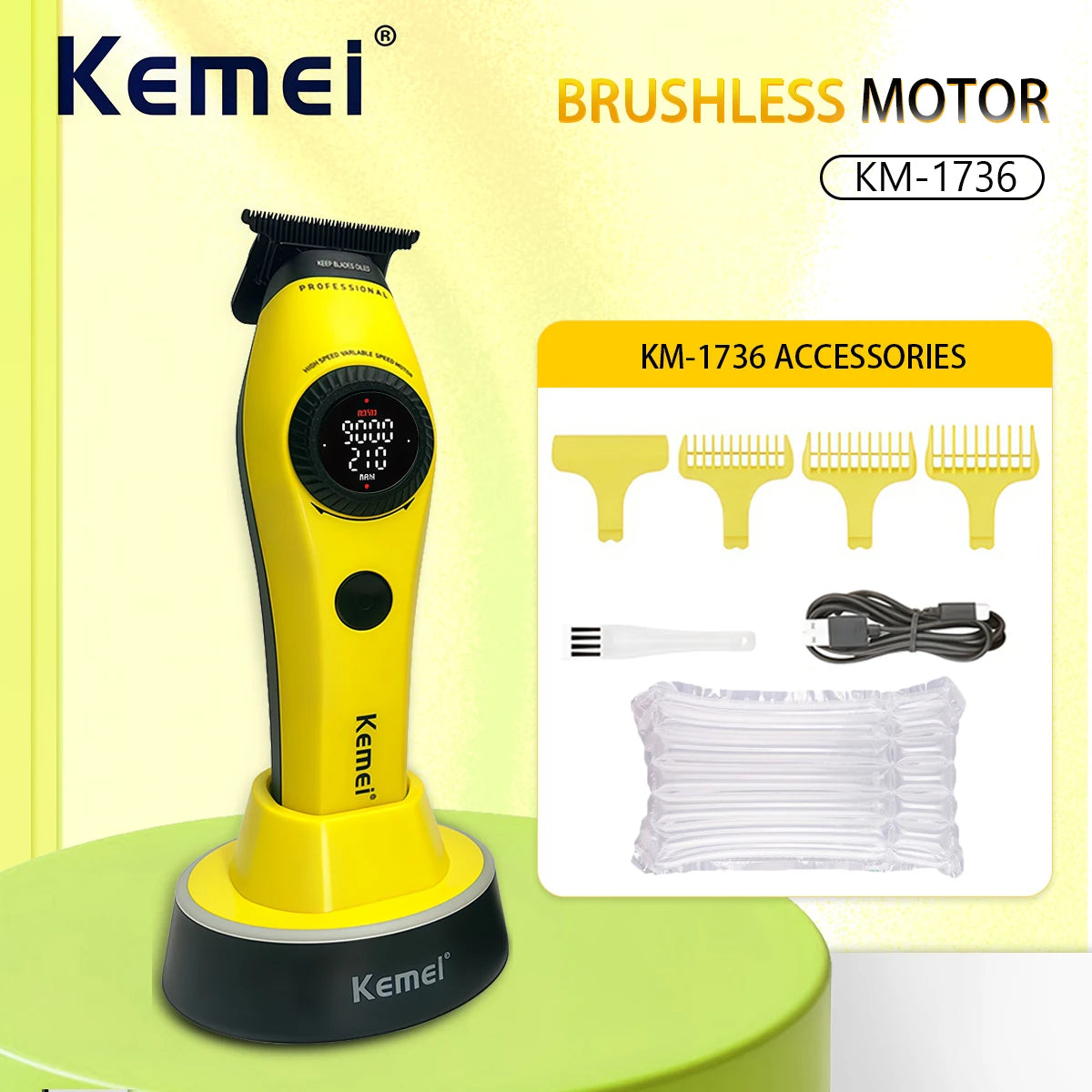 A yellow Kemei brushless motor hair clipper with a black base and accessories displayed on a light green surface.