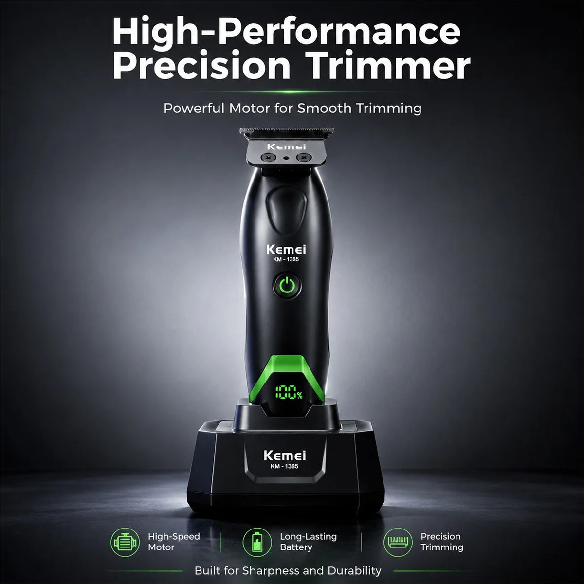 A black Kemei high-performance precision trimmer with a green light, shown against a dark background.