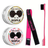 A kit for professional edge control styling wax featuring a circular container and a pink comb.