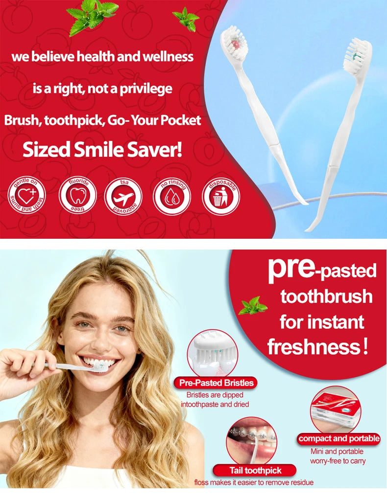 Une brosse à dents pré-dosée blanche et un cure-dents en queue sont montrés à côté d'une femme souriante.