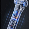 A close-up view of a clear portable electric shaver for men with blue LED lights and digital display.