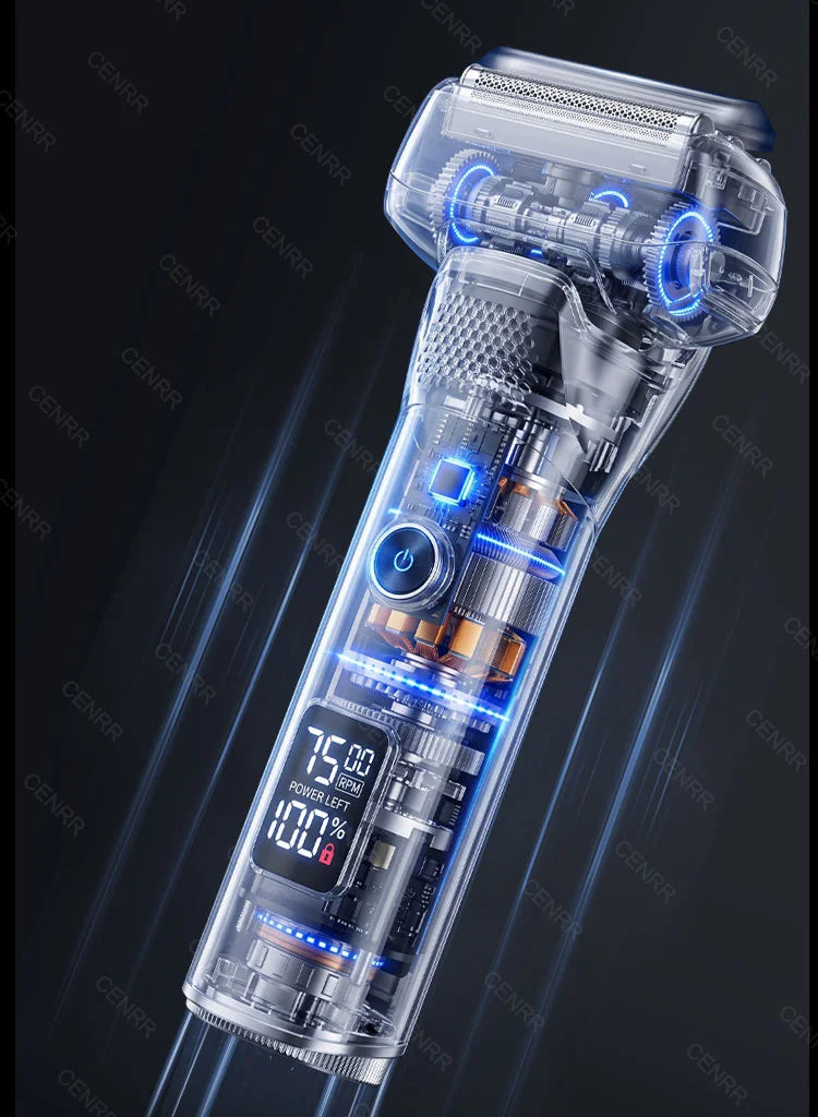 A close-up view of a clear portable electric shaver for men with blue LED lights and digital display.