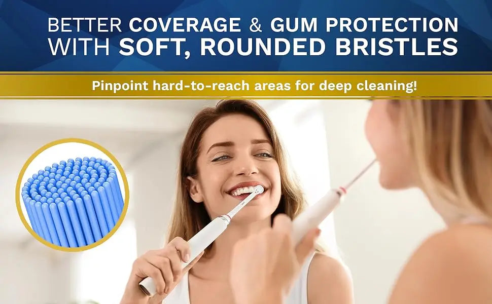 A woman is using a white brush head on an electric toothbrush, demonstrating better coverage and gum protection.