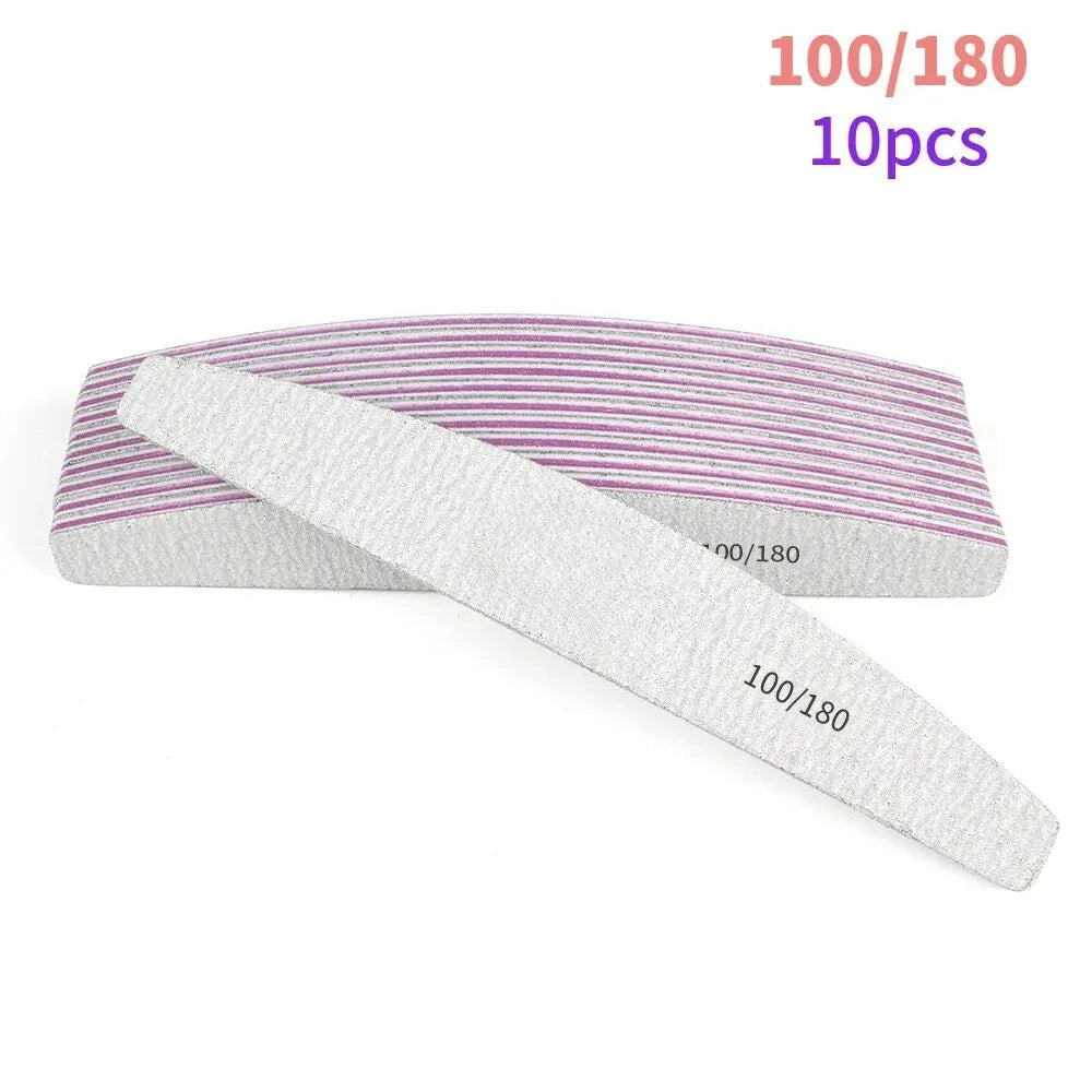 A set of 10 professional grit nail files for manicure and shaping, showing a white file with purple stripes.