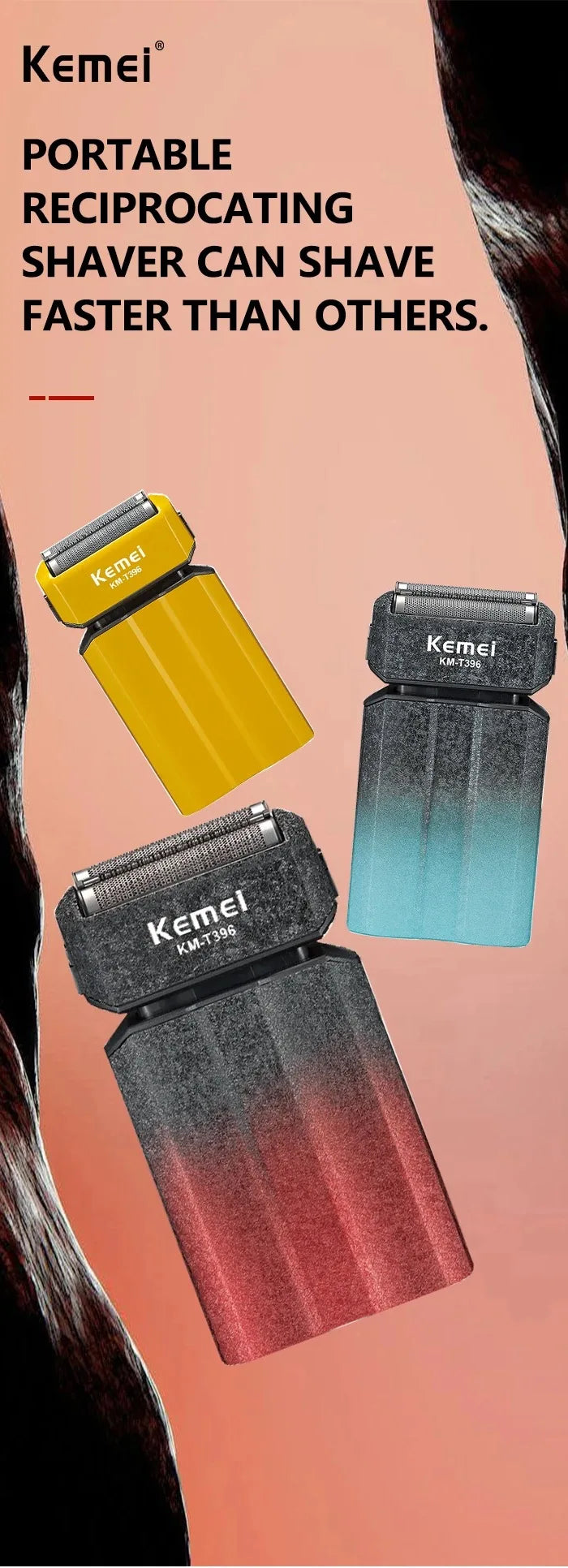 A Kemei portable reciprocating shaver shown in three views, highlighting its design and function.