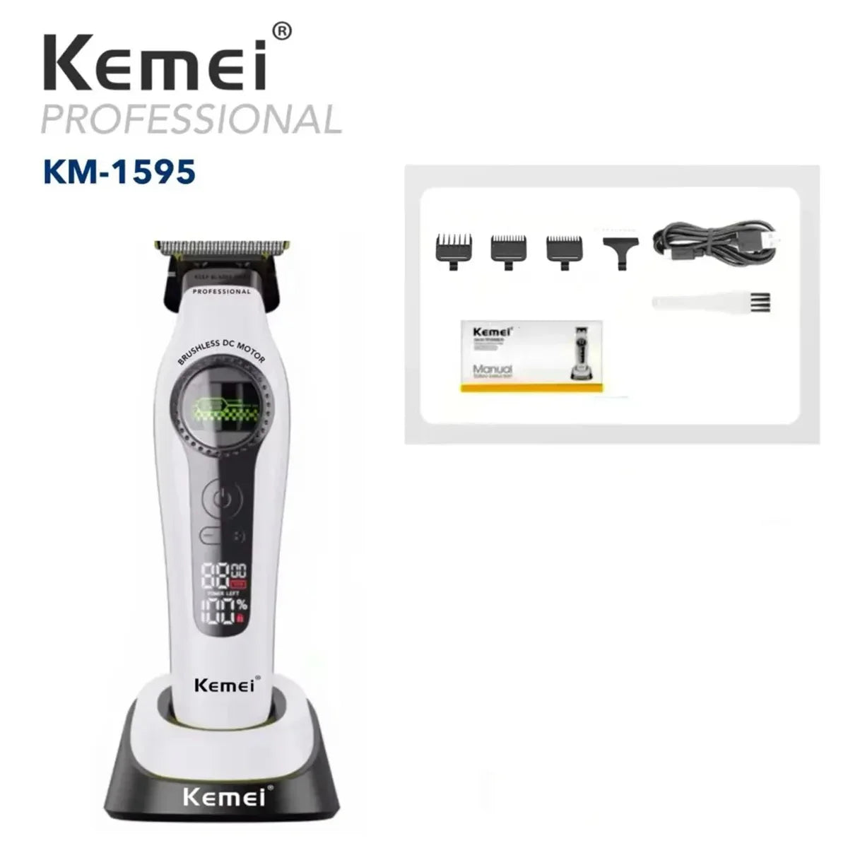 A white Kemei KM-1595 professional rechargeable hair clipper and trimmer set with a black cord.