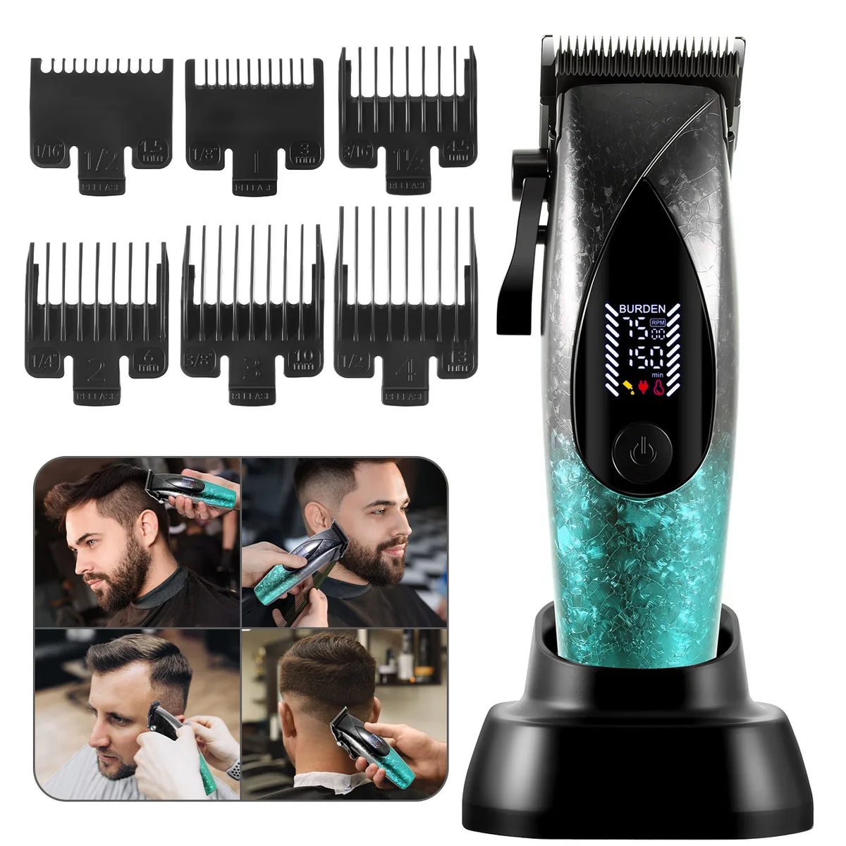 A set of electric shavers with magnetic levitation technology shown alongside various usage scenarios.