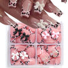 A hand displays leopard print press-on nails and a set of pink and black accent nails in a clear plastic container.
