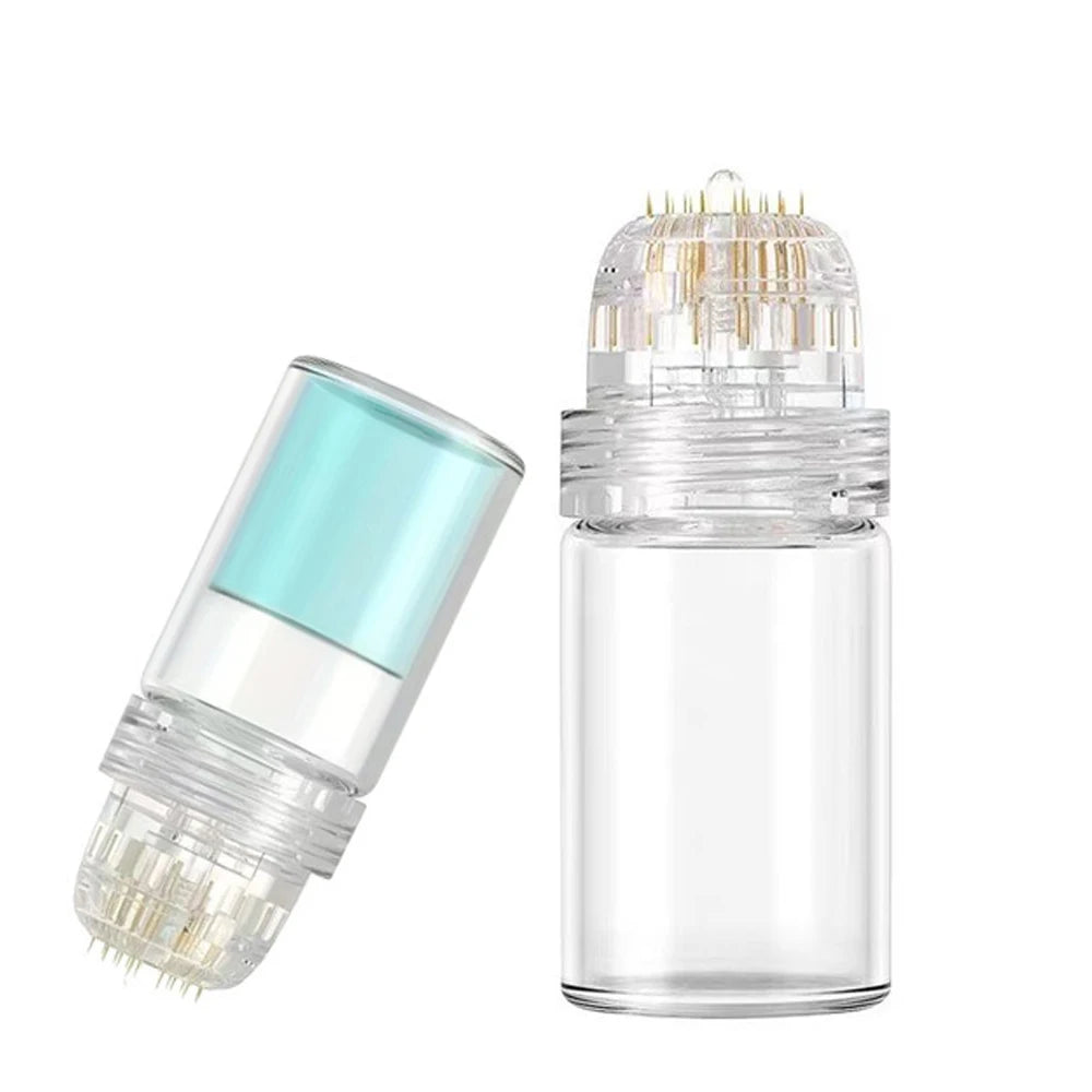 A clear glass bottle of professional microneedling derma stamp with a silver-colored applicator tip.