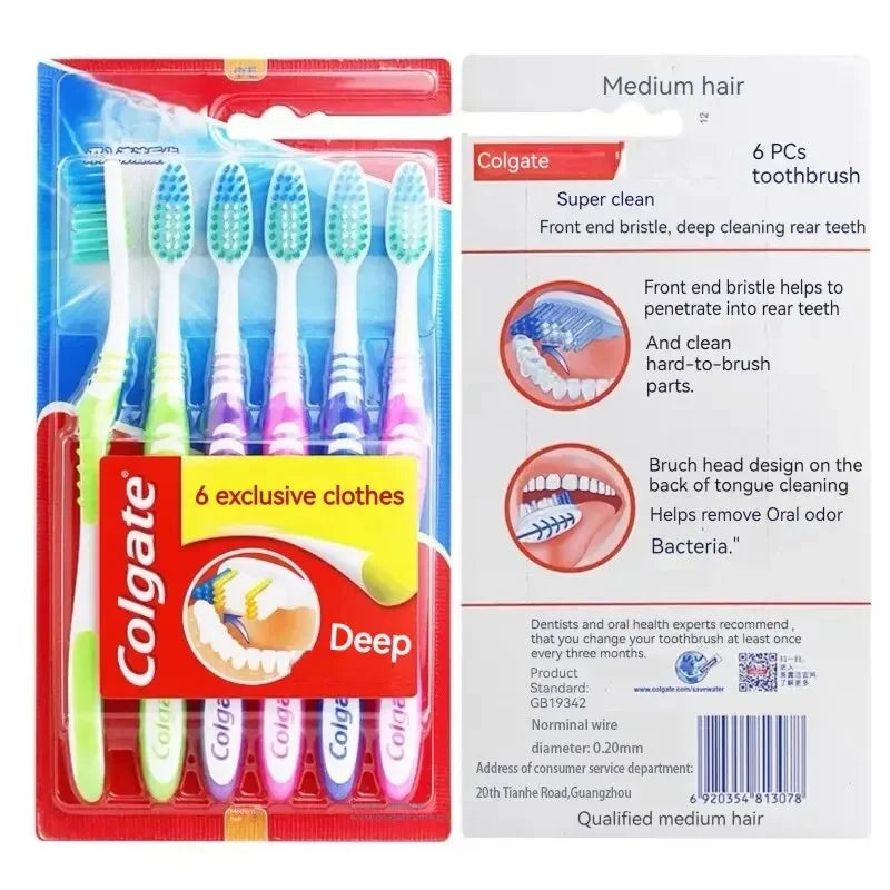 Set de 6 brosses à dents Colgate pour la famille avec accessoires de nettoyage, pour cheveux moyens
