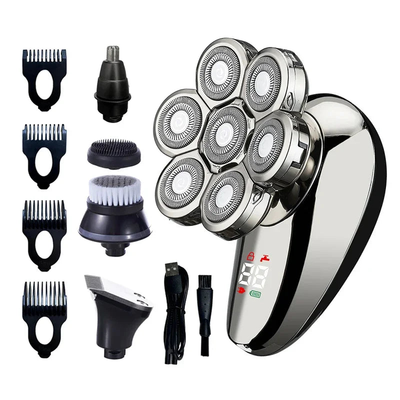 A collection of grooming tools including electric shavers, trimmers, and various attachments for hair and beard styling.