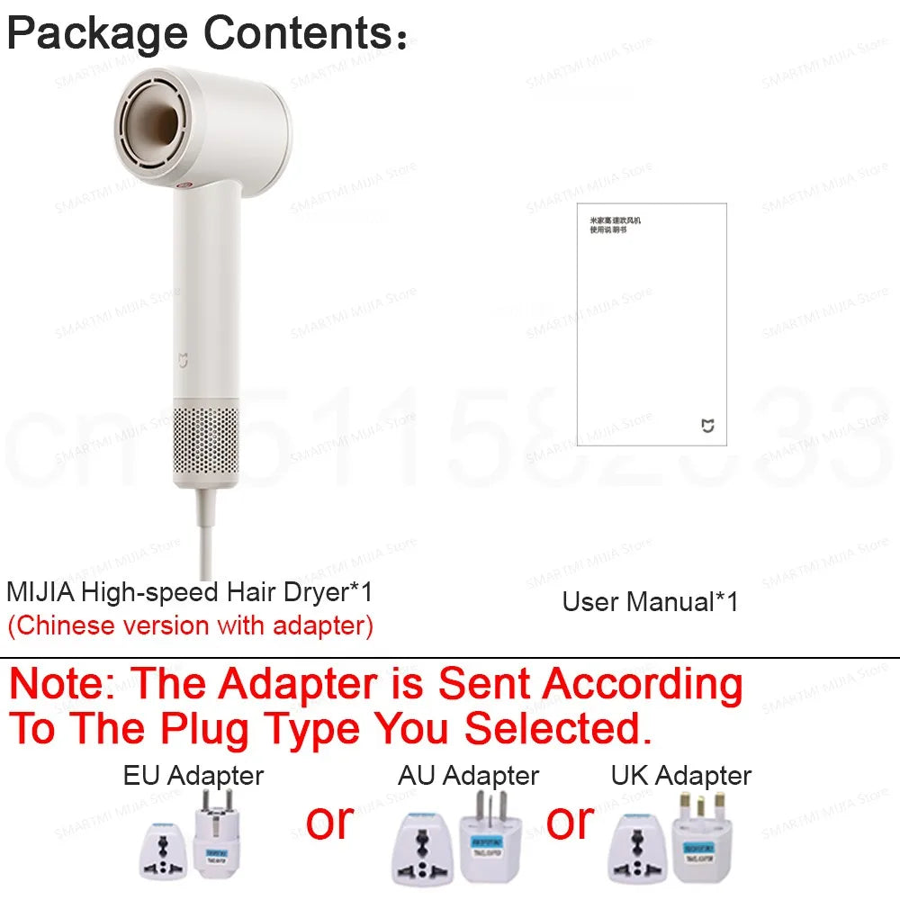 A white MIJIA high-speed hair dryer with an adapter and user manual are shown.