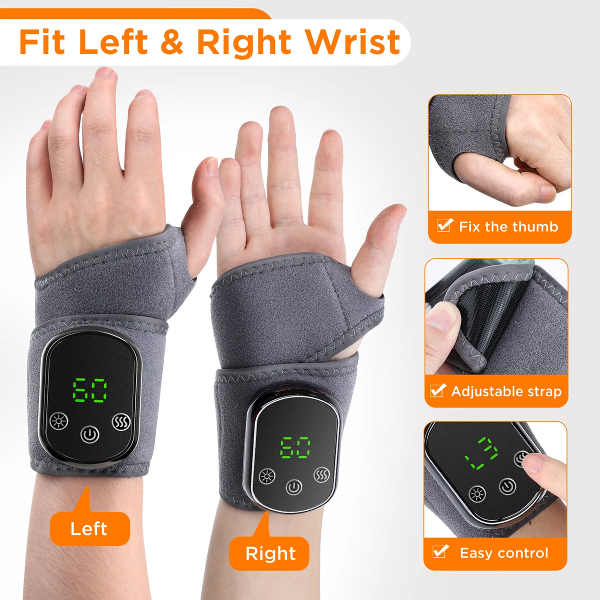 Gray heating and massage wrist braces for left and right wrists with adjustable straps