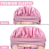 Before and after comparison of a pink premium elastic satin silk hair bonnet cap