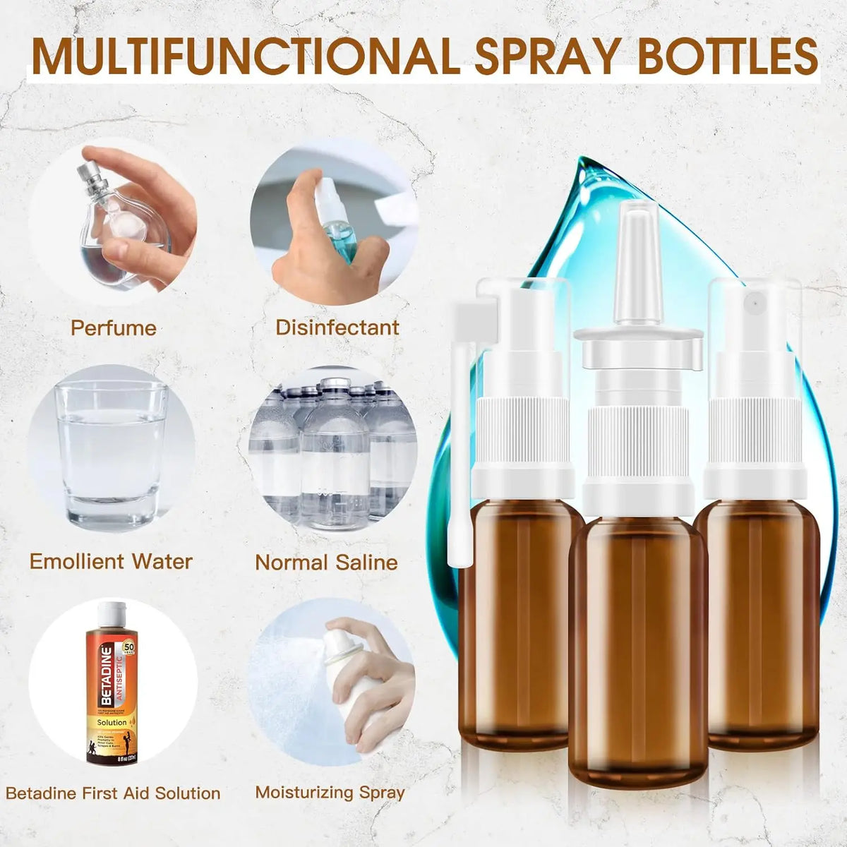 A collection of multifunctional spray bottles including perfume, disinfectant, saline solution, and moisturizing spray.